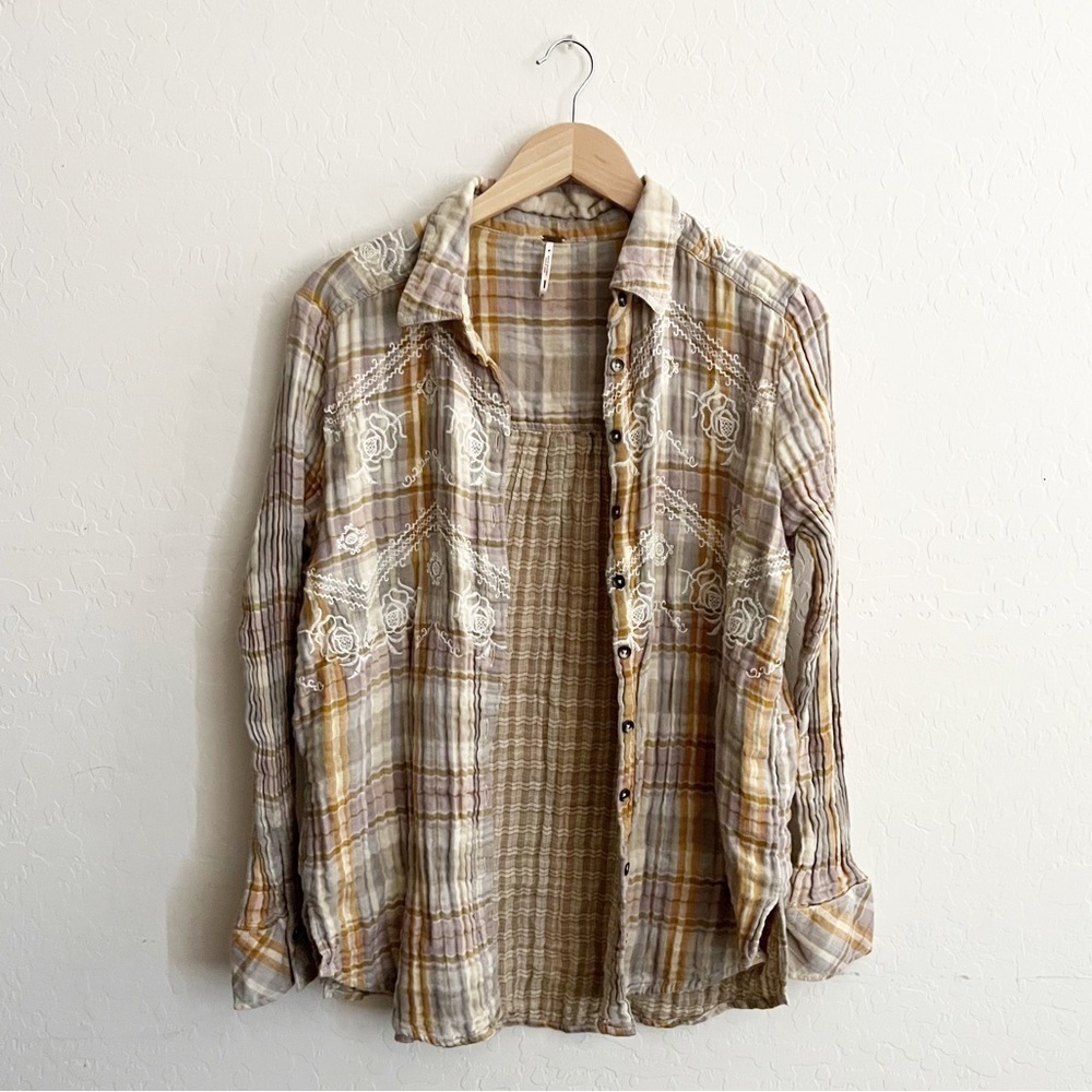 FREE PEOPLE Magical Plaid Yellow Embroidered Shirt - Picture 5 of 10